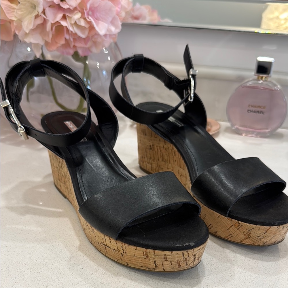 BCBGeneration Black Wedge Sandals with Ankle Strap